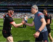 25 July 2021; The Mayo goalkeeper Rob Hennelly is congratulated by manager James Horan after the Connacht GAA Senior Football Championship Final match between Galway and Mayo at Croke Park in Dublin. Photo by Ray McManus/Sportsfile