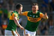 25 July 2021; Paul Geaney of Kerry celebrates with team-mate David Clifford after scoring his side's fourth goal during the Munster GAA Football Senior Championship Final match between Kerry and Cork at Fitzgerald Stadium in Killarney, Kerry. Photo by Eóin Noonan/Sportsfile