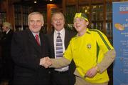 18 February 2004; 'Brazil supporter' Enda O'Donoghue, from Kildare,  greets An Taoiseach Bertie Ahern T.D. and Paidi O Se at the launch of the Paidi O Se Football Weekend. The Burlington Hotel, Dublin. Picture credit; Brian Lawless / SPORTSFILE *EDI*