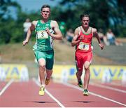 20 July 2013; Zak Irwin, Ireland / Sligo Grammer, on his way to finish in third place alongside, right, Krystian Jones, Wales, during the Boy's 100m event. AVIVA SIAB Schools' Track & Field International 2013, Morton Stadium, Santry, Dublin. Picture credit: Tomas Greally / SPORTSFILE