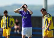 24 July 2021; Johnny Dunleavy of Finn Harps reacts to a missed chance during the FAI Cup First Round match between Fairview Rangers and Finn Harps at Fairview Rangers AFC in Limerick. Photo by Michael P Ryan/Sportsfile