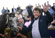 27 July 2021; Trainer Ado McGuinness celebrates with Sirjack Thomas and groom Zoe Boardman after winning the Colm Quinn BMW Mile Handicap during day two of the Galway Races Summer Festival at Ballybrit Racecourse in Galway. Photo by David Fitzgerald/Sportsfile