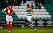 30 July 2021; Danny Mandroiu of Shamrock Rovers celebrates after scoring his side's third goal during the SSE Airtricity League Premier Division match between Shamrock Rovers and St Patrick's Athletic at Tallaght Stadium in Dublin. Photo by Eóin Noonan/Sportsfile