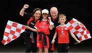 31 July 2021; Tyrone supporters, Stacey and Mark Hetherington, with their children Niamh, aged 10, and Matthew, aged 9, from Donaghmore, Tyrone, before the Ulster GAA Football Senior Championship Final match between Monaghan and Tyrone at Croke Park in Dublin. Photo by Sam Barnes/Sportsfile