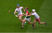 31 July 2021; Cathal Freeman of Mayo in action against Dermot Begley, left, and Lorcan Devlin of Tyrone during the Nicky Rackard Cup Final match between Tyrone and Mayo at Croke Park in Dublin.  Photo by Sam Barnes/Sportsfile