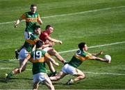 25 July 2021; Brian Hurley of Cork shoots under pressure from Mike Breen, 5, and Brian Ó Beaglaoich of Kerry during the Munster GAA Football Senior Championship Final match between Kerry and Cork at Fitzgerald Stadium in Killarney, Kerry. Photo by Piaras Ó Mídheach/Sportsfile