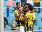 5 August 2021; Matus Bero, left, celebrates with his team-mates Yann Gboho, centre, and Million Manhoef of Vitesse after scoring his side's first goal of the game during the UEFA Europa Conference League third qualifying round first leg match between Vitesse and Dundalk at GelreDome in Arnhem, Netherlands.Photo by Broer van den Boom/Sportsfile