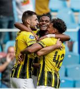 5 August 2021; Matus Bero, left, celebrates with his team-mates Yann Gboho, centre, and Million Manhoef of Vitesse after scoring his side's first goal of the game during the UEFA Europa Conference League third qualifying round first leg match between Vitesse and Dundalk at GelreDome in Arnhem, Netherlands.Photo by Broer van den Boom/Sportsfile