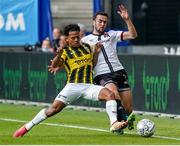 5 August 2021; Michael Duffy of Dundalk is tackled by Toni Domgjoni of Vitesse during the UEFA Europa Conference League third qualifying round first leg match between Vitesse and Dundalk at GelreDome in Arnhem, Netherlands. Photo by Rene Nijhuis/Sportsfile