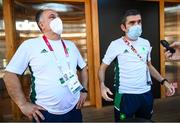 6 August 2021; Team Ireland boxing high performance director Bernard Dunne, right, and Team Ireland boxing head coach Zaur Antia during a media conference in the Olympic Village during the 2020 Tokyo Summer Olympic Games in Tokyo, Japan. Photo by Stephen McCarthy/Sportsfile