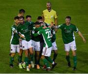 6 August 2021; Cork City players celebrate their third goal, scored by Sean Kennedy in the 78th minute, during the SSE Airtricity League First Division match between Galway United and Cork City at Eamonn Deacy Park in Galway. Photo by Ray McManus/Sportsfile