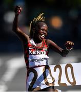 7 August 2021; Peres Jepchirchir of Kenya celebrates winning the women's marathon at Sapporo Odori Park on day 15 during the 2020 Tokyo Summer Olympic Games in Sapporo, Japan.  Photo by Ramsey Cardy/Sportsfile