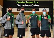 10 August 2021; Shamrock Rovers players, from left, Roberto Lopes, Ronan Finn, Graham Burke and Sean Kavanagh at Dublin Airport prior to their side's departure to Albania for their UEFA Europa Conference League third qualifying round second leg match against Teuta. Photo by Seb Daly/Sportsfile