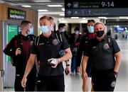 10 August 2021; Bohemians goalkeeper James Talbot, left, and manager Keith Long at Dublin Airport prior to their side's departure to Greece for their UEFA Europa Conference League third qualifying round second leg match against PAOK. Photo by Seb Daly/Sportsfile