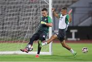 11 August 2021; Goalkeeper Leon Pohls and Graham Burke, right, during a Shamrock Rovers training session at Elbasan Arena in Elbasan, Albania. Photo by Florion Goga/Sportsfile