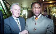 6 February 1995; WBO super middleweight champion Chris Eubank with owner of the Green Glens Arena in Milstreet, Noel C Duggan, as he arrives for a press conference at the Jury's Hotel in Ballsbridge, Dublin ahead of his WBO super middleweight title fight against Steve Collins in Cork in March. Photo by David Maher/Sportsfile