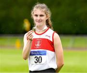 14 August 2021; Ava McKeon from Galway City Harriers AC, after winning under-17 100m Hurdles during day six of the Irish Life Health National Juvenile Track & Field Championships at Tullamore Harriers Stadium in Tullamore, Offaly. Photo by Matt Browne/Sportsfile