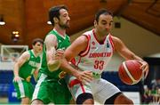 14 August 2021; Sam Buxton of Gibraltar in action against Eoin Quigley of Ireland during the FIBA Men’s European Championship for Small Countries day four match between Gibraltar and Ireland at National Basketball Arena in Tallaght, Dublin. Photo by Eóin Noonan/Sportsfile