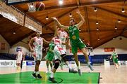 14 August 2021; Will Hanley of Ireland in action against Thomas Yome of Gibraltar during the FIBA Men’s European Championship for Small Countries day four match between Gibraltar and Ireland at National Basketball Arena in Tallaght, Dublin. Photo by Eóin Noonan/Sportsfile