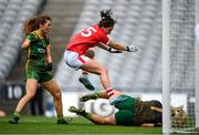 15 August 2021; Eimear Scally of Cork after scoring her side's second goal past Meath goalkeeper Monica McGuirk during the TG4 All-Ireland Senior Ladies Football Championship Semi-Final match between Cork and Meath at Croke Park in Dublin. Photo by Stephen McCarthy/Sportsfile