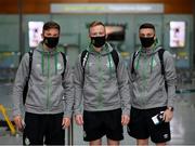 18 August 2021; Shamrock Rovers players, from left, Ronan Finn, Sean Hoare and Gary O'Neill at Dublin Airport prior to their team's departure to Estonia for their UEFA Europa Conference League Play-Off First Leg match against Flora Tallinn. Photo by Stephen McCarthy/Sportsfile
