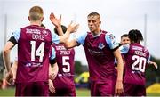 20 August 2021; Killian Phillips congratulates Drogheda United team-mate Mark Doyle, 14, after scoring their opening goal during the SSE Airtricity League Premier Division match between Dundalk and Drogheda United at Oriel Park in Dundalk, Louth. Photo by Stephen McCarthy/Sportsfile