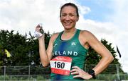 21 August 2021; Caitriona Jennings of Letterkenny AC, Donegal, representing Ireland, with her medal after winning the national women's 100 kilometre race, at the Irish National 50 kilometre and 100 kilometre Championships, incorporating the Anglo Celtic Plate, at Mondello Park in Naas, Kildare. Photo by Brendan Moran/Sportsfile