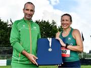 21 August 2021; Caitriona Jennings of Letterkenny AC, Donegal, representing Ireland, is presented with her medal by John O'Regan after winning the national women's 100 kilometre race, at the Irish National 50 kilometre and 100 kilometre Championships, incorporating the Anglo Celtic Plate, at Mondello Park in Naas, Kildare. Photo by Brendan Moran/Sportsfile
