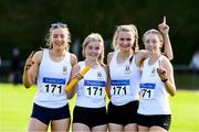 22 August 2021; Members of the Sligo County winning 4x400m Relay team, from left, Lauren Cadden, Caoimhe McDonagh, Erin Taheny and Amy Boland during day two of the Irish Life Health Youth Combined Events and Masters Combined Events at Tullamore Harriers Stadium in Tullamore, Offaly. Photo by Matt Browne/Sportsfile