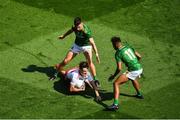 28 August 2021; Brian Hampsey of Tyrone in action against Christian Finlay, left, and Seán Emmanuel of Meath during the Electric Ireland GAA Football All-Ireland Minor Championship Final match between Meath and Tyrone at Croke Park in Dublin. Photo by Daire Brennan/Sportsfile