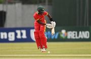 29 August 2021; Wessley Madhevere of Zimbabwe during match two of the Dafanews T20 series between Ireland and Zimbabwe at Clontarf Cricket Club in Dublin. Photo by Seb Daly/Sportsfile