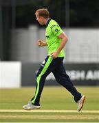29 August 2021; Shane Getkate of Ireland celebrates taking the wicket of Zimbabwe's Dion Myers during match two of the Dafanews T20 series between Ireland and Zimbabwe at Clontarf Cricket Club in Dublin. Photo by Seb Daly/Sportsfile