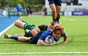 29 August 2021; Henry McErlean of Leinster is tackled by Harry West of Connacht during the IRFU U19 Men’s Clubs Interprovincial Championship Round 2 match between Leinster and Connacht at Energia Park in Dublin. Photo by Harry Murphy/Sportsfile