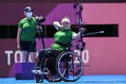30 August 2021; Kerrie Leonard of Ireland competing in the W2 Compound Women's Open 1/8 Elimination Round against Stepanida Artakhinova of Russian Paralympic Committee at the Yumenoshima Park Archery Field on day six during the Tokyo 2020 Paralympic Games in Tokyo, Japan. Photo by Sam Barnes/Sportsfile