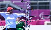 30 August 2021; Stepanida Artakhinova of Russian Paralympic Committee competing in the W2 Compound Women's Open 1/8 Elimination Round against Kerrie Leonard of Ireland at the Yumenoshima Park Archery Field on day six during the Tokyo 2020 Paralympic Games in Tokyo, Japan. Photo by Sam Barnes/Sportsfile