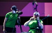 30 August 2021; Team Leader Ciara Dunne, left surveys the target as Kerrie Leonard of Ireland competes in the W2 Compound Women's Open 1/8 Elimination Round against Stepanida Artakhinova of Russian Paralympic Committee at the Yumenoshima Park Archery Field on day six during the Tokyo 2020 Paralympic Games in Tokyo, Japan. Photo by Sam Barnes/Sportsfile