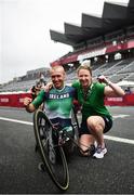 31 August 2021; Gary O'Reilly of Ireland with team doctor Katie Lydon after finishing third in the H5 Time Trial at the Fuji International Speedway on day seven during the Tokyo 2020 Paralympic Games in Shizuoka, Japan. Photo by David Fitzgerald/Sportsfile