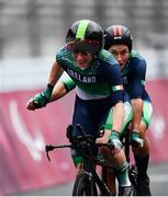 31 August 2021; Eve McCrystal, pilot, and Katie George Dunlevy, stoker, both of Ireland, celebrate as they cross the line to win gold in the Women's B Time Trial at the Fuji International Speedway on day seven during the Tokyo 2020 Paralympic Games in Shizuoka, Japan. Photo by David Fitzgerald/Sportsfile