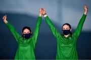31 August 2021; Eve McCrystal, right, and Katie George Dunlevy of Ireland, celebrate during the medal ceremony after winning gold in the Women's B Time Trial at the Fuji International Speedway on day seven during the Tokyo 2020 Paralympic Games in Shizuoka, Japan. Photo by David Fitzgerald/Sportsfile