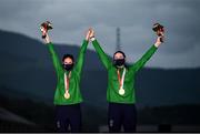 31 August 2021; Eve McCrystal, right, and Katie George Dunlevy of Ireland, celebrate after winning gold in the Women's B Time Trial at the Fuji International Speedway on day seven during the Tokyo 2020 Paralympic Games in Shizuoka, Japan. Photo by David Fitzgerald/Sportsfile