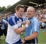 21 July 2013; Conor McManus, Monaghan and Leo McBride, assistant manager, celebrate near the end. Ulster GAA Football Senior Championship Final, Donegal v Monaghan, St Tiernach's Park, Clones, Co. Monaghan. Picture credit: Oliver McVeigh / SPORTSFILE