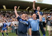 21 July 2013; Malachy O'Rourke, Monaghan manager and Finbar Fitzpatrick and Ryan Porter, selectors, celebrate near the end of the game. Ulster GAA Football Senior Championship Final, Donegal v Monaghan, St Tiernach's Park, Clones, Co. Monaghan. Picture credit: Oliver McVeigh / SPORTSFILE