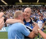 21 July 2013; Malachy O'Rourke, Monaghan manager and assistant manager Leo McBride, celebrate at the end of the game. Ulster GAA Football Senior Championship Final, Donegal v Monaghan, St Tiernach's Park, Clones, Co. Monaghan. Picture credit: Oliver McVeigh / SPORTSFILE