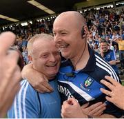 21 July 2013; Monaghan manager Malachy O'Rourke and assistant manager Leo McBride celebrate at the end of the game. Ulster GAA Football Senior Championship Final, Donegal v Monaghan, St Tiernach's Park, Clones, Co. Monaghan. Picture credit: Oliver McVeigh / SPORTSFILE