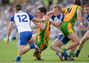 21 July 2013; Patrick McBrearty and Michael Murphy, right, Donegal, in action against Dermot Malone, left, and Drew Wylie, Monaghan. Ulster GAA Football Senior Championship Final, Donegal v Monaghan, St Tiernach's Park, Clones, Co. Monaghan. Picture credit: Brian Lawless / SPORTSFILE