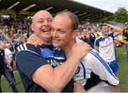 21 July 2013; Monaghan manager Malachy O'Rourke and Mark Kellett, team statistician, celebrate at the end of the game. Ulster GAA Football Senior Championship Final, Donegal v Monaghan, St Tiernach's Park, Clones, Co. Monaghan. Picture credit: Oliver McVeigh / SPORTSFILE