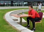 31 August 2021; Kieran McGeary speaking to the media during a Tyrone senior football media conference at Tyrone GAA Centre in Garvaghey, Tyrone. Photo by Eóin Noonan/Sportsfile