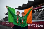 3 September 2021; Eve McCrystal, left, and Katie George Dunlevy of Ireland celebrate with their gold medals after winning the Women's B road race at the Fuji International Speedway on day ten during the 2020 Tokyo Summer Olympic Games in Shizuoka, Japan. Photo by David Fitzgerald/Sportsfile