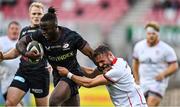 3 September 2021; Rotimi Segun of Saracens is tackled by Aaron Sexton of Ulster during the Pre-Season Friendly match between Ulster and Saracens at Kingspan Stadium in Belfast. Photo by Brendan Moran/Sportsfile