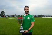 4 September 2021; Ireland captain Andrew Balbirnie with the trophy following match five of the Dafanews T20 series between Ireland and Zimbabwe at Bready Cricket Club in Magheramason, Tyrone. Photo by Ramsey Cardy/Sportsfile